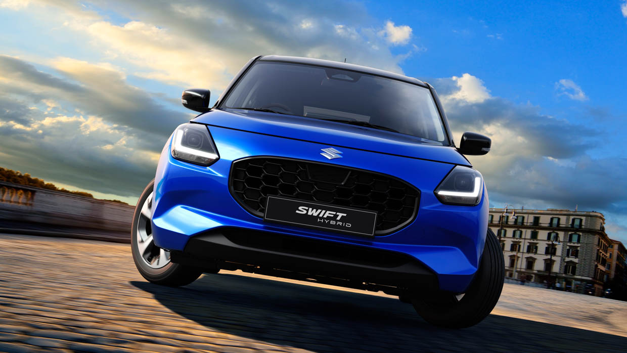 2024 Suzuki Swift blue front angle wheels turned static