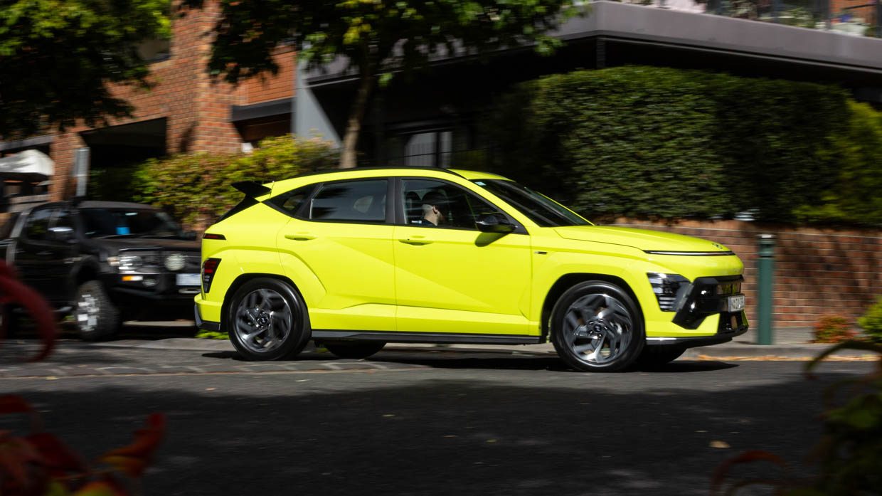 2024 Hyundai Kona Hybrid N-Line side angle driving shot 2