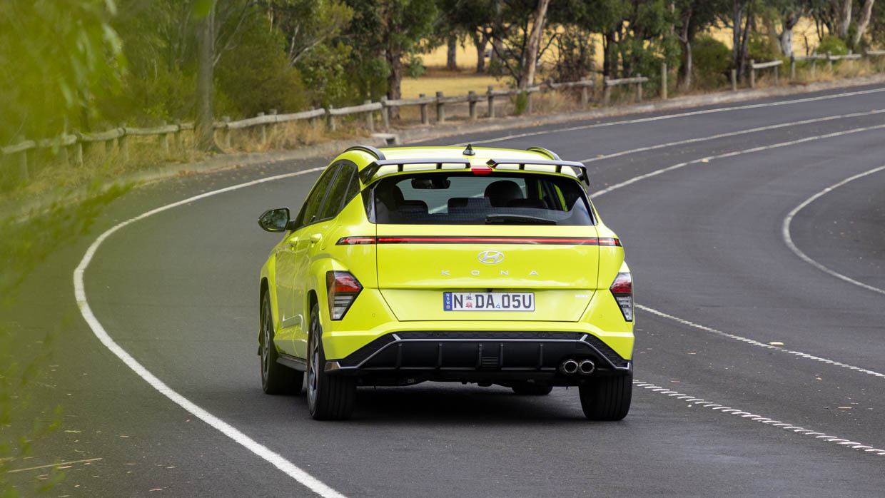 2024 Hyundai Kona Hybrid N-Line rear angle passing driving shot