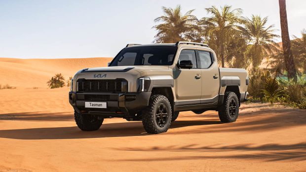 2025 Kia Tasman front 3/4 image desert shot