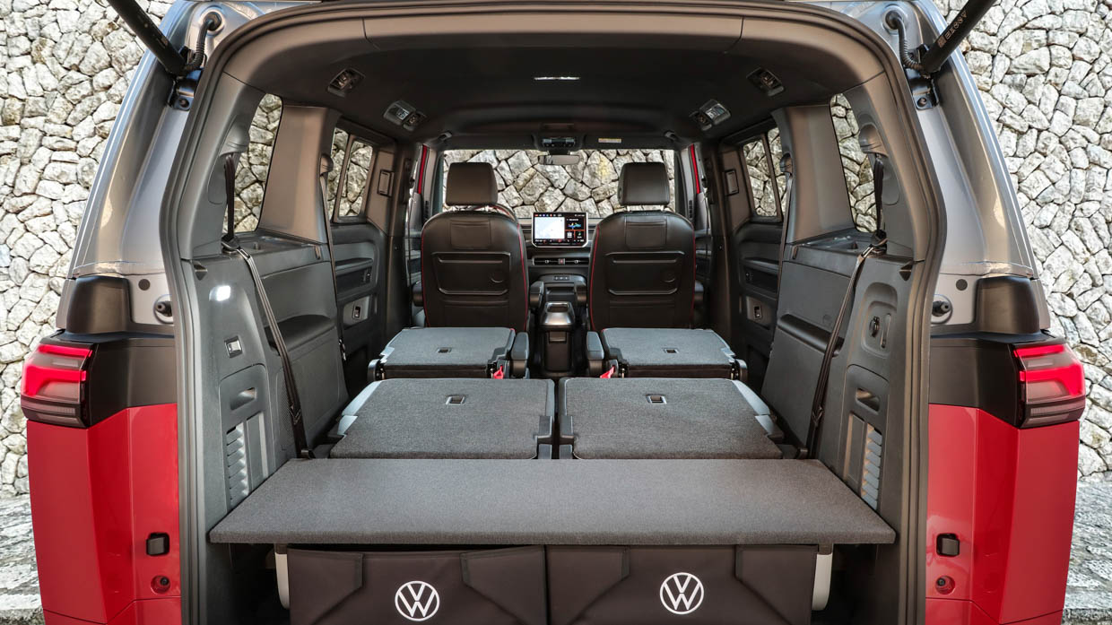 2025 Volkswagen ID Buzz GTX interior all rows folded boot open shot