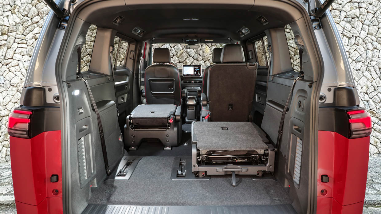 2025 Volkswagen ID Buzz GTX interior all rows folded boot open shot 2