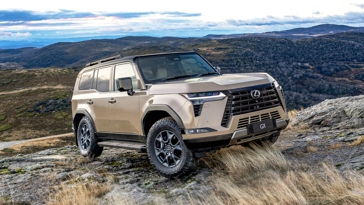 2024 Lexus GX Overtrail on rock front 3/4 angle