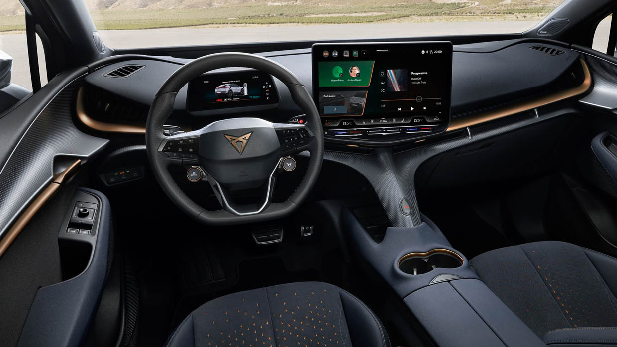 2025 Cupra Tavascan interior steering wheel and touchscreen wide