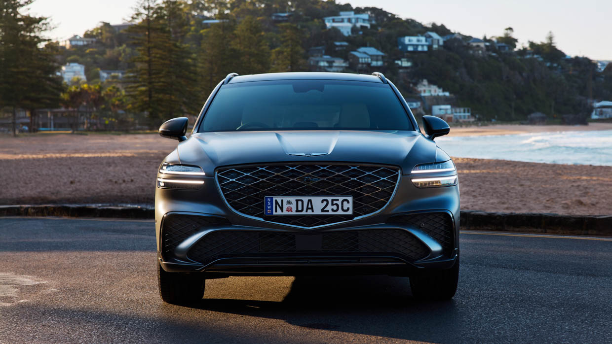 2025 Genesis GV70 Signature Sport front angle beach shot 2