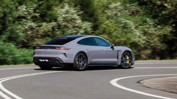 2024 Porsche Taycan Turbo S rear angle cornering shot