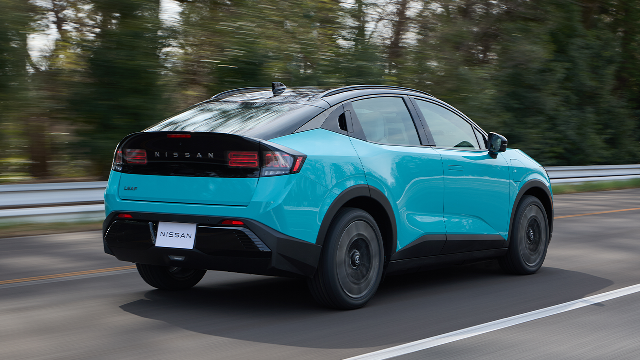 2026 Nissan Leaf driving rear 3 4